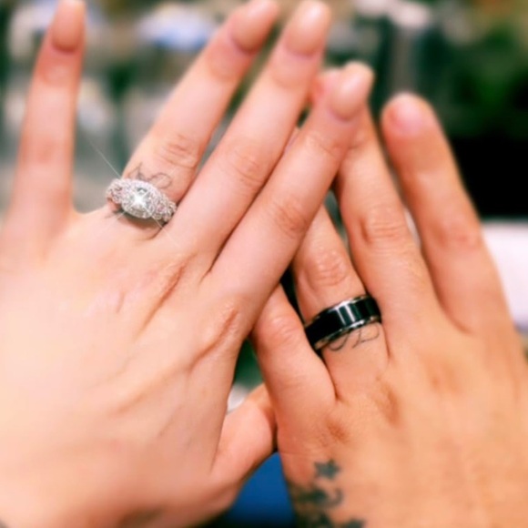 Silver Diamond Halo Engagement Ring Set Wedding - Picture 10 of 14